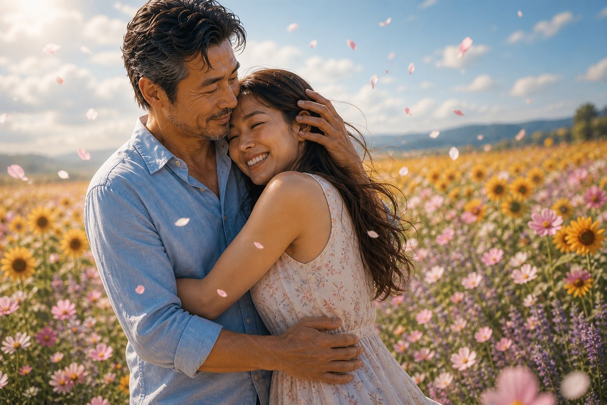 満開の花畑で、女性が男に笑顔で抱きつき心からの悦びを表現する瞬間