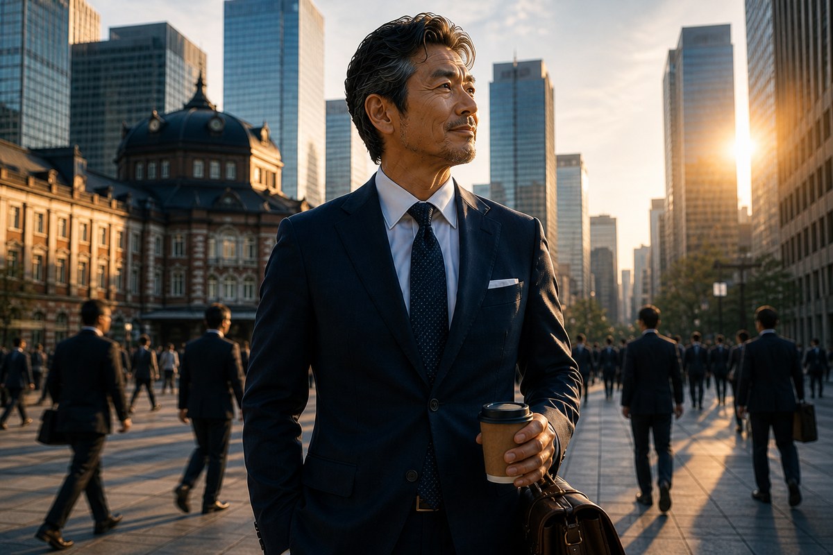 朝のビジネス街を歩くスーツ姿の52歳男性、東京駅周辺の歴史的建築と高層ビル群、12年通い続ける信頼の象徴