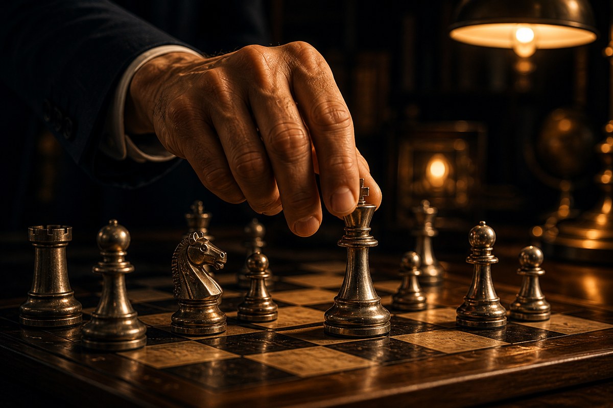 アンティークのチェスボードで、複数のコマの中から銀色のキングを選ぶ男の手元、戦略的な最善の一手を選ぶ瞬間