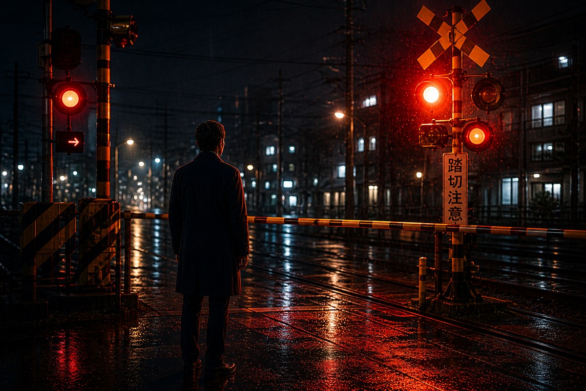 夜の踏切で警報灯が赤く点滅、遮断機が降りる瞬間、立ち止まる男の後ろ姿、危険な道には進まない男の責任