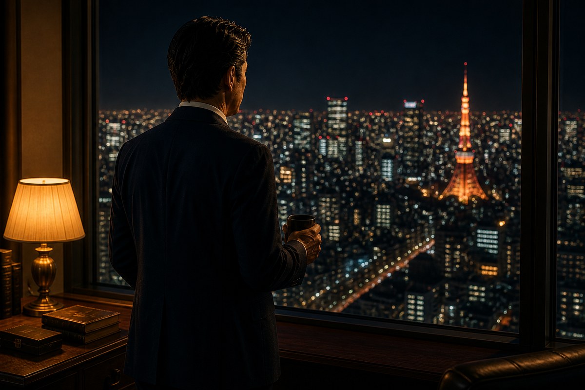夜の高層階の窓辺、スーツのジャケットを羽織った52歳男性の後ろ姿、東京タワーの灯りが見える夜景、コーヒーカップを手に自分の人生を見つめる男の誠実な選択