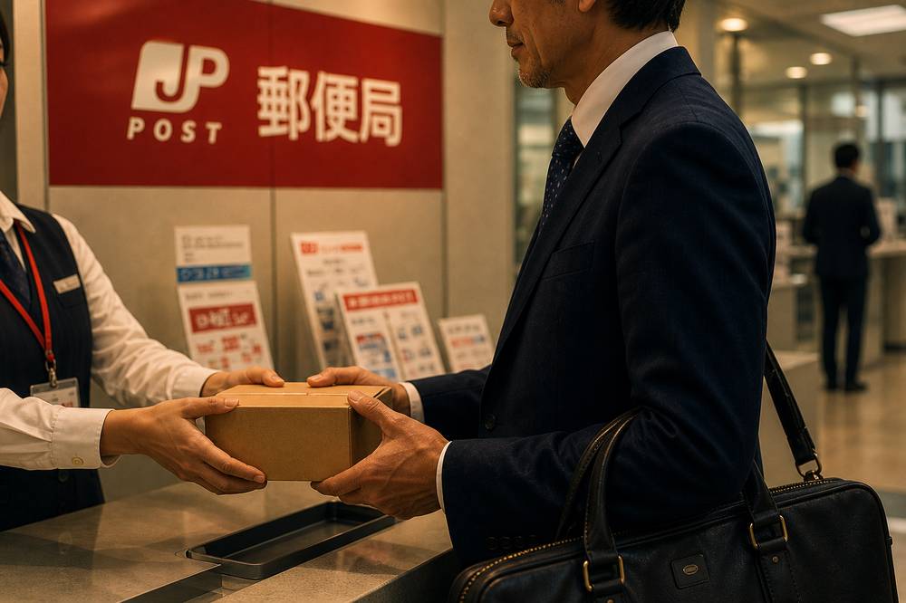 夕方の郵便局カウンターで、スーツ姿の男が無地の小さな包みを受け取る瞬間、革のブリーフケースが手前に、家族に気づかれない慎重な受け取り