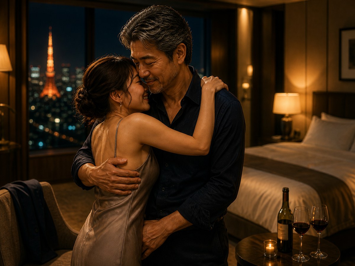 夜の高層ホテルの部屋、ディナー後にほろ酔いで戻ってきた二人、女性が嬉しそうに男に抱きつき、白髪混じりのタツヤが温かく受け止める、東京タワーの夜景、ワインボトル、これから始まる濃密な夜の予感
