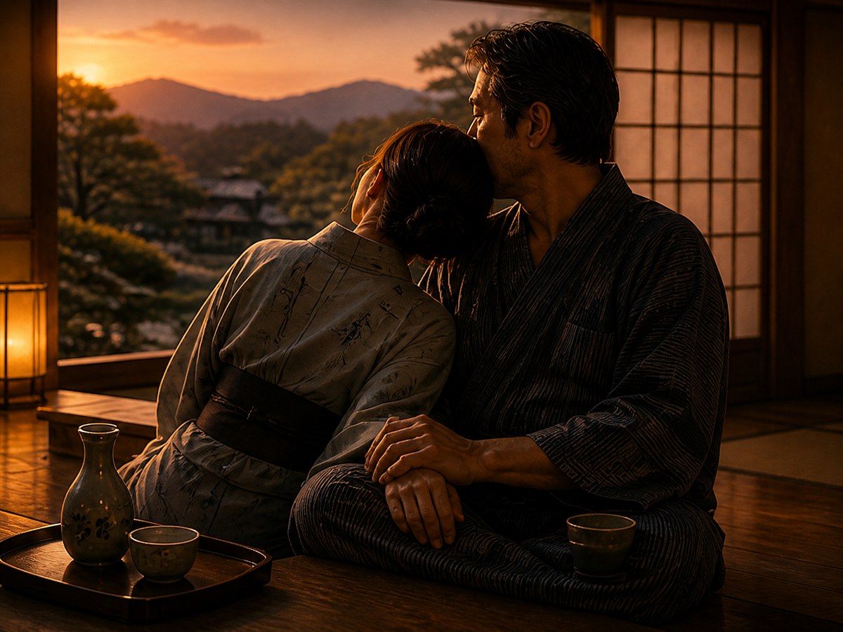 温泉旅館の和室、夕暮れの障子越しの光、浴衣姿で並んで座る二人、女性が男の肩に頭を預けて目を閉じる、男の手がそっと女性の手に重なる、お盆に日本酒、ゆるゆると過ごす長時間の余韻