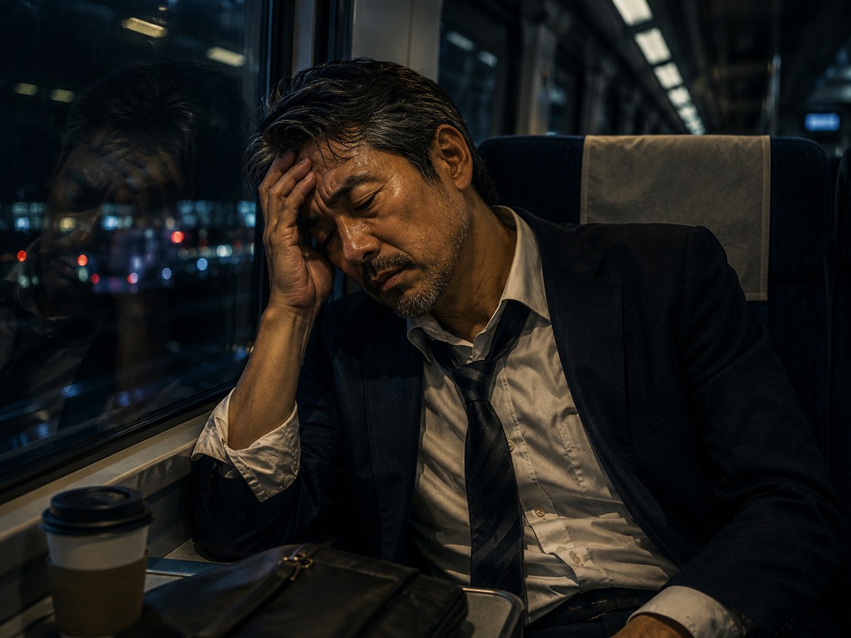深夜の特急列車の窓辺、白髪混じりのタツヤが額に手を当てて目を閉じる、額の汗、ネクタイ緩み、ジャケットの乱れ、冷めたコーヒー、24時間以内に2回服用してしまった代償の異常な疲労感