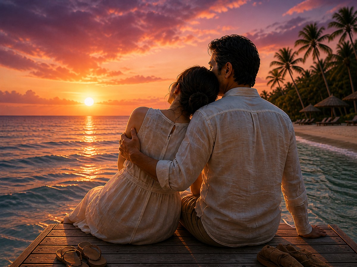 南国リゾートの夕暮れ、白い砂浜の桟橋に座る二人の後ろ姿、女性が男の肩に頭を預け、男はそっと女性の肩を支える、オレンジの夕陽、ヤシの木、12年経った今も続く幸せの未来