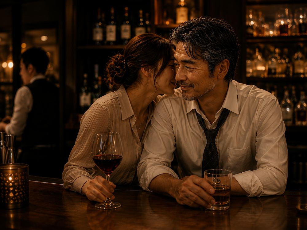 夜のバーカウンター、ネクタイ緩めの白髪混じりタツヤと女性が並ぶ、女性が男に身を寄せて囁く、男は温かい笑みで受け止める、ワイングラスとウイスキー、急ぎの夜の濃密な予感