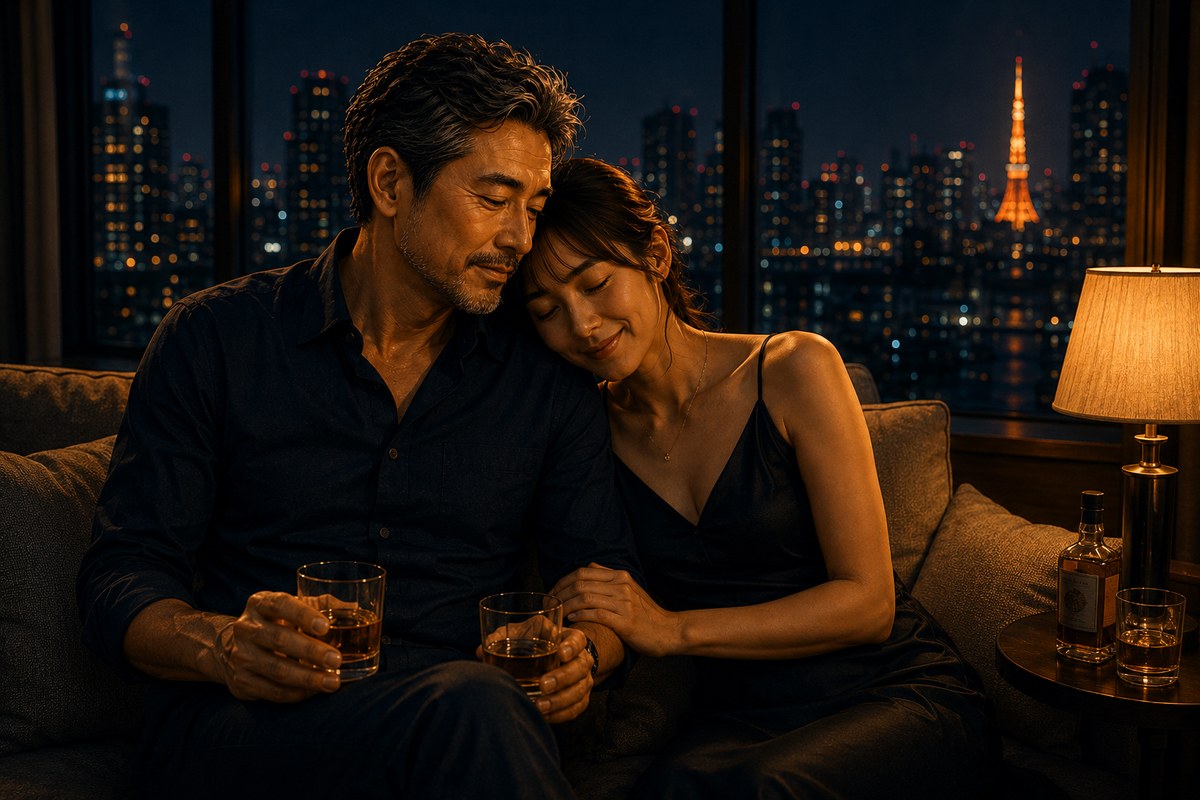 夜の高級ホテルのソファで、東京タワーが見える夜景を背景に、ウィスキーグラスを手にしたタツヤと、肩に頭を預けて優しく微笑む彼女、満たされた夜の余韻と男の自信