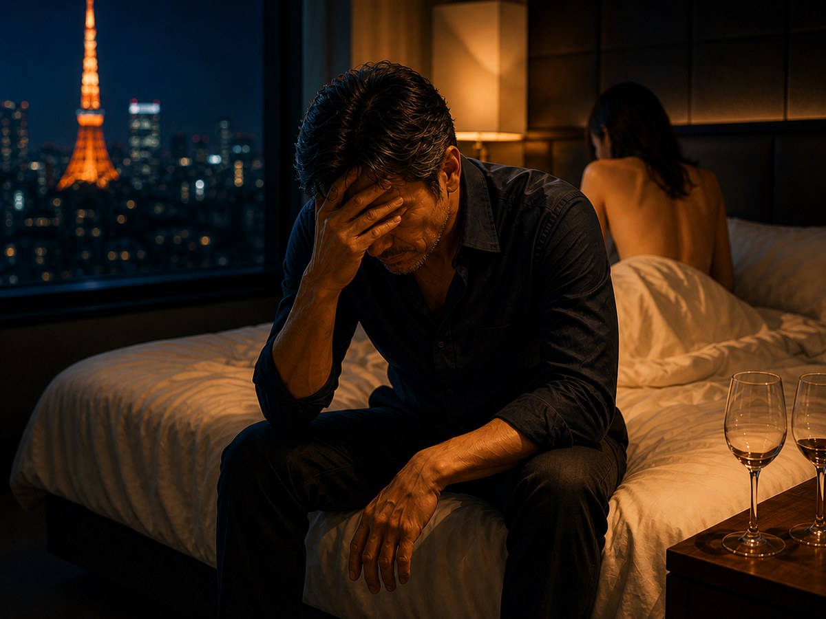 ホテルの部屋でベッドの端に腰掛け頭を抱える40代男性、背後にシーツに包まれた女性の後ろ姿