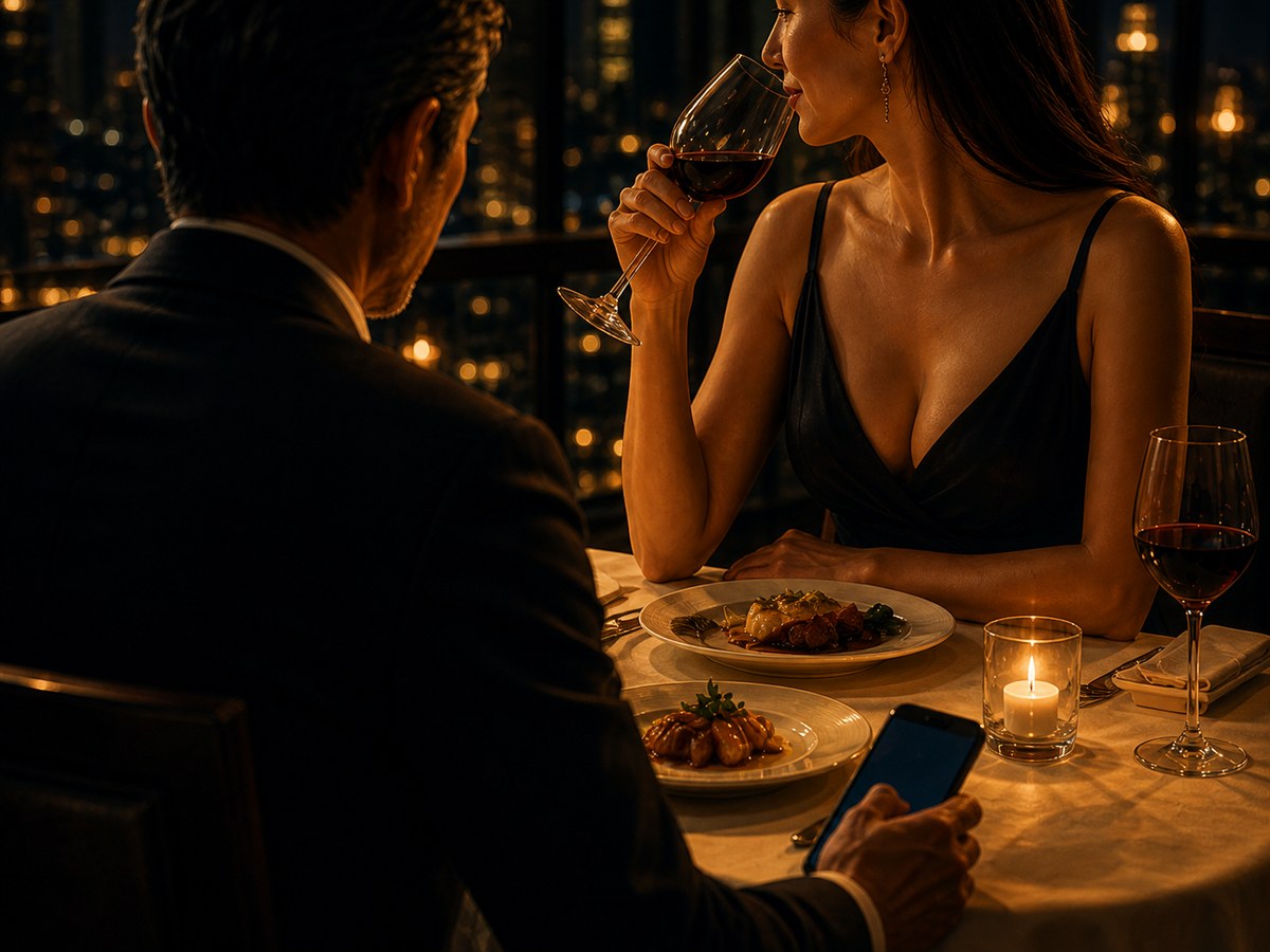 夜の高級レストランで男の肩越しに見える、ドレス姿でワインを口元に運ぶ女性のシルエット