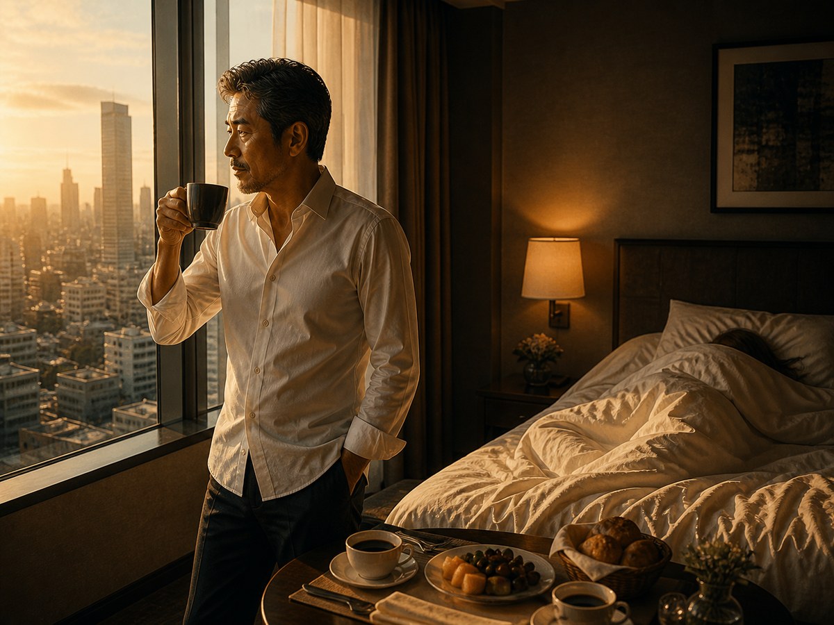朝のホテルの寝室で窓辺に立ちコーヒーを飲む52歳男性、背後のベッドにシーツに包まれた女性、テーブルに2人分の朝食