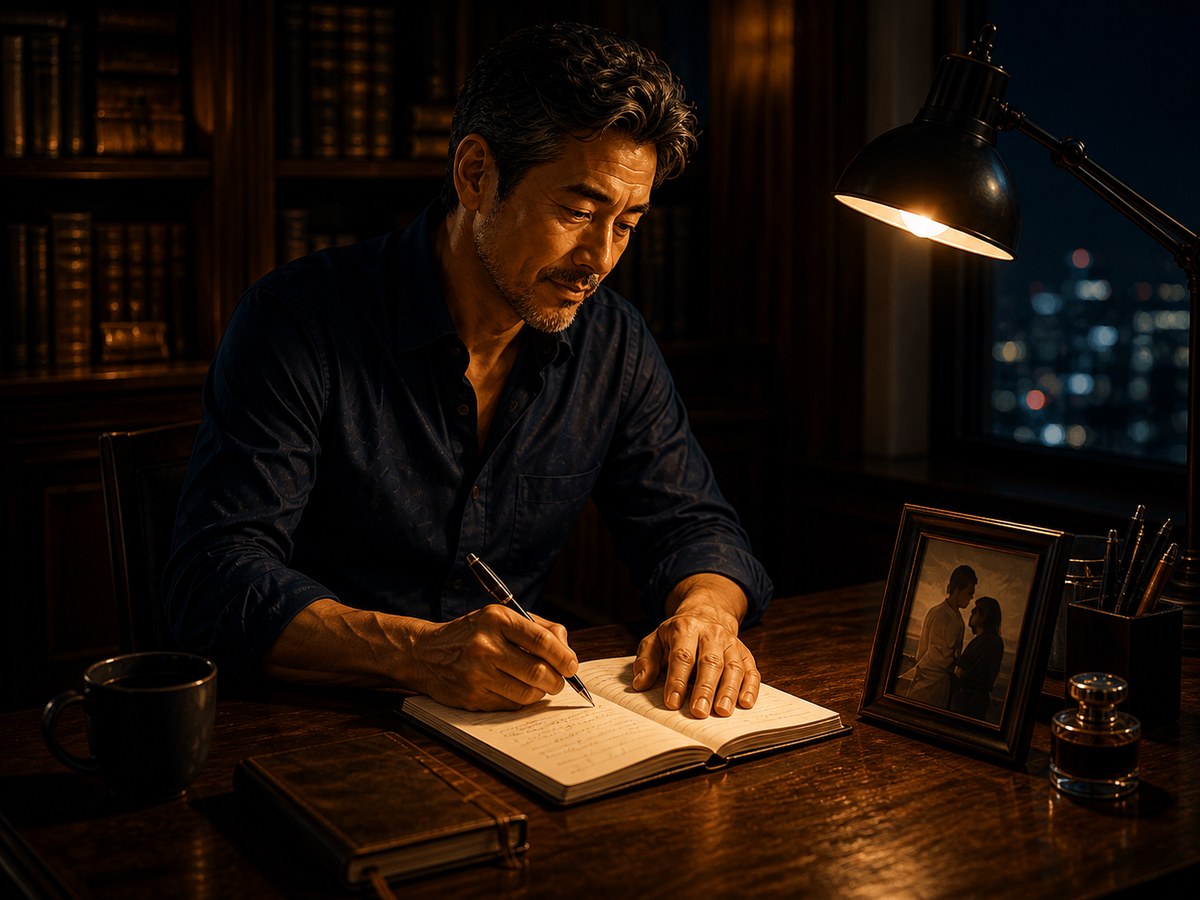 夜の書斎でデスクライトの下、万年筆でノートを綴る52歳男性、傍らに男女のツーショット写真フレーム