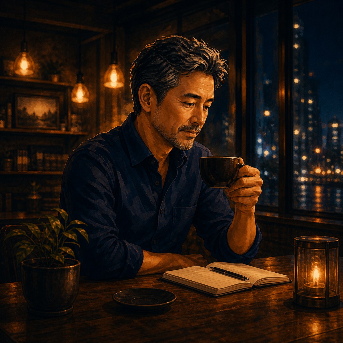 ノートとペンを前にコーヒーを口元へ運ぶ52歳のタツヤ、Aboutページ用ポートレート