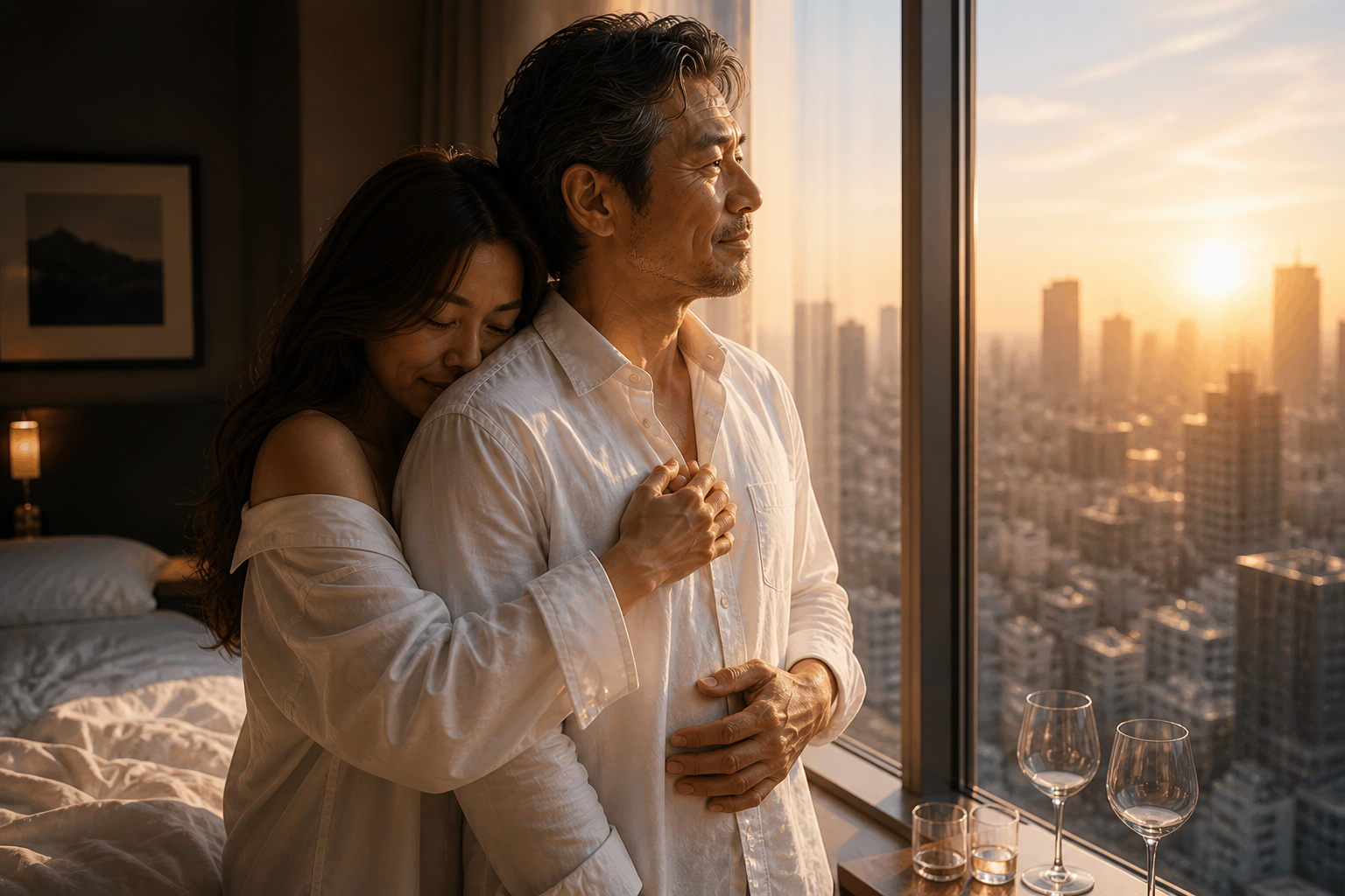 早朝のホテルの窓辺、男のシャツを羽織った女性が後ろから抱きつき、男が朝日を見つめながら時間の本質に気づく瞬間